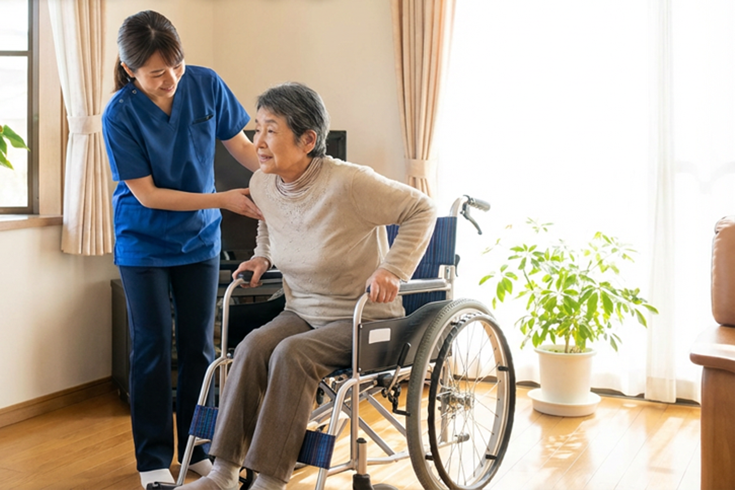 車椅子のご利用者様の身体介護、立ち上がり